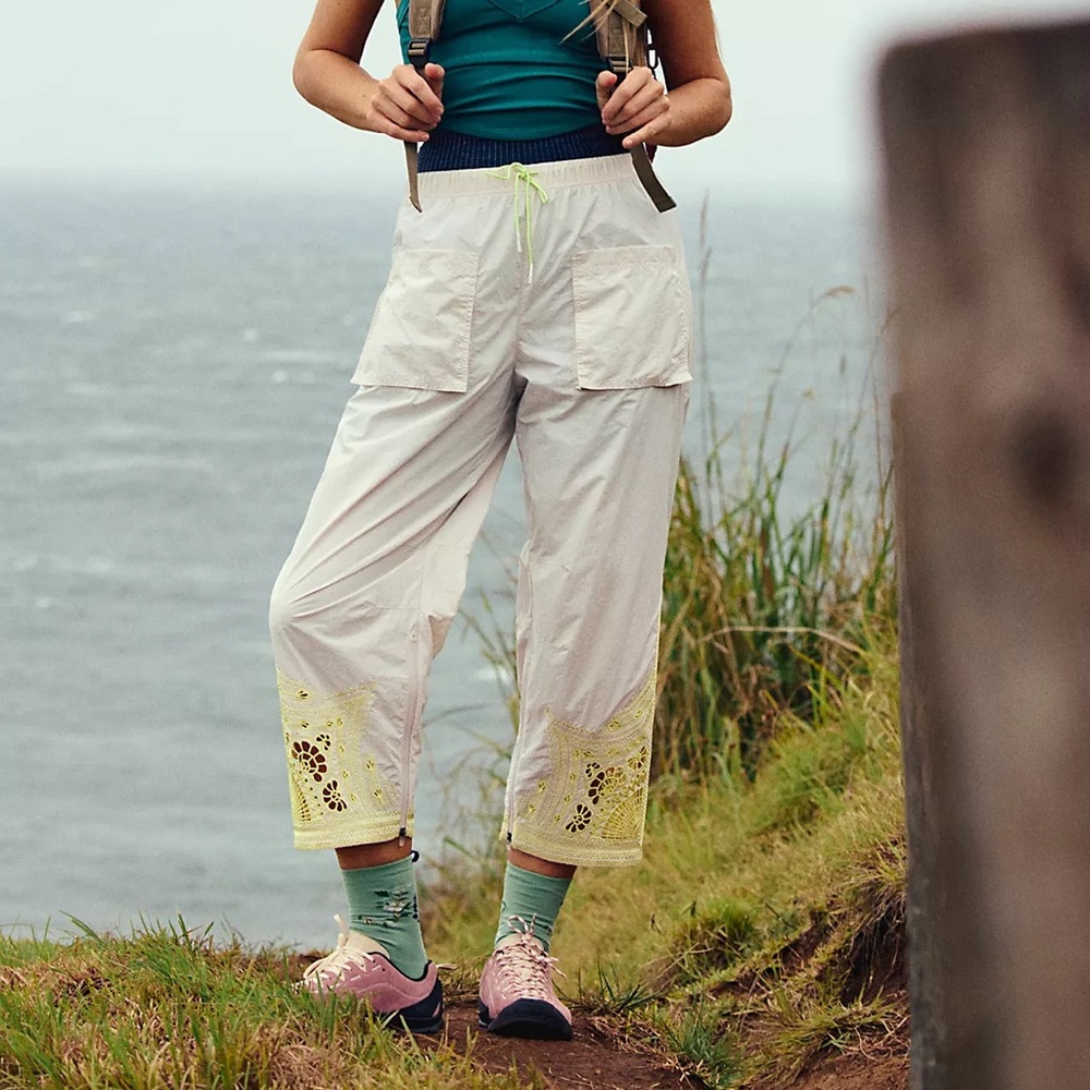 NEW Free People FP Movement Fly By Night Embroidered Pants in Tofu Combo